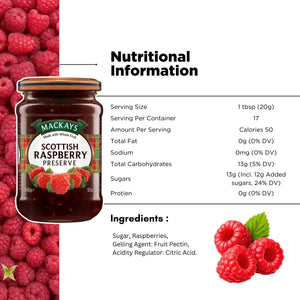 Jar of Scottish raspberry preserve with fresh raspberries, nutrition facts, and ingredients