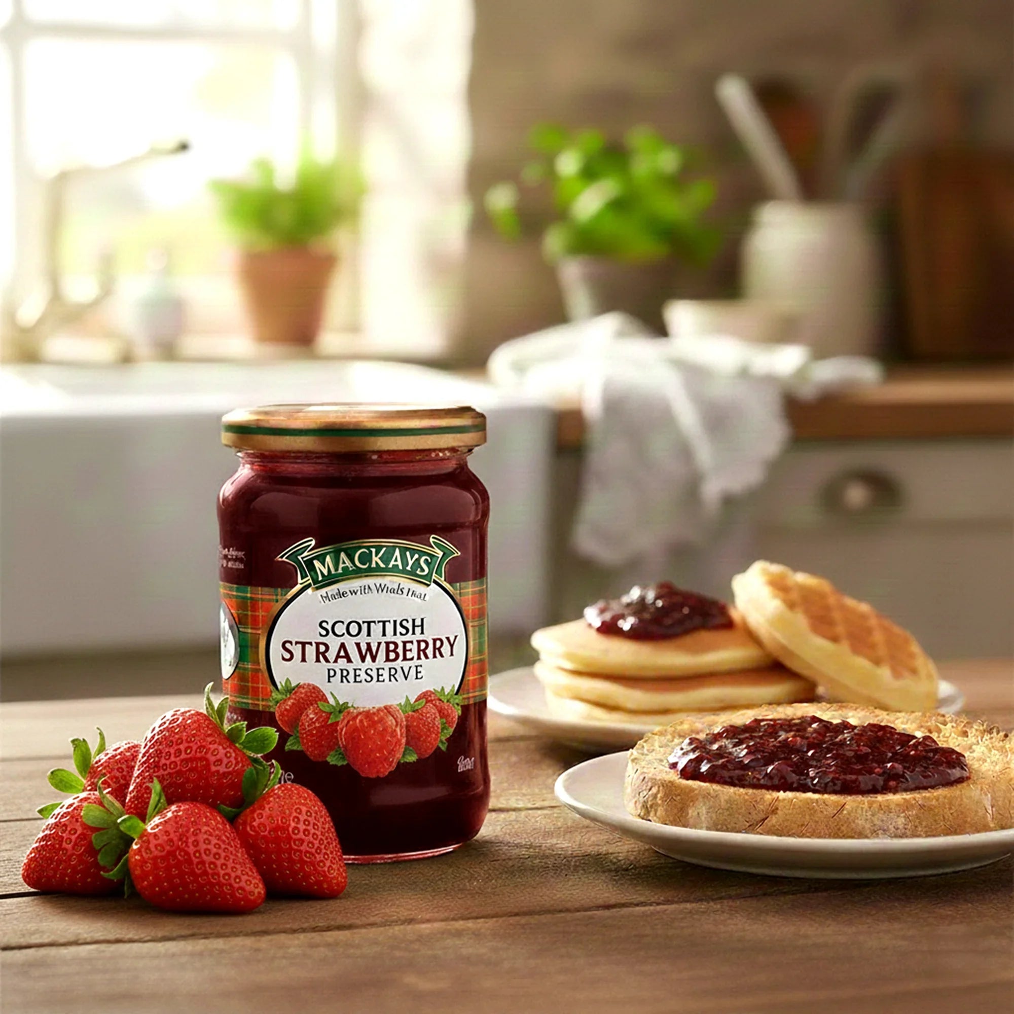 Jar of Scottish strawberry preserve with fresh strawberries, toast, and pancakes on kitchen table.
