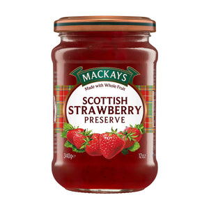 Jar of Mackays Scottish strawberry preserve with whole fruit and tartan label design