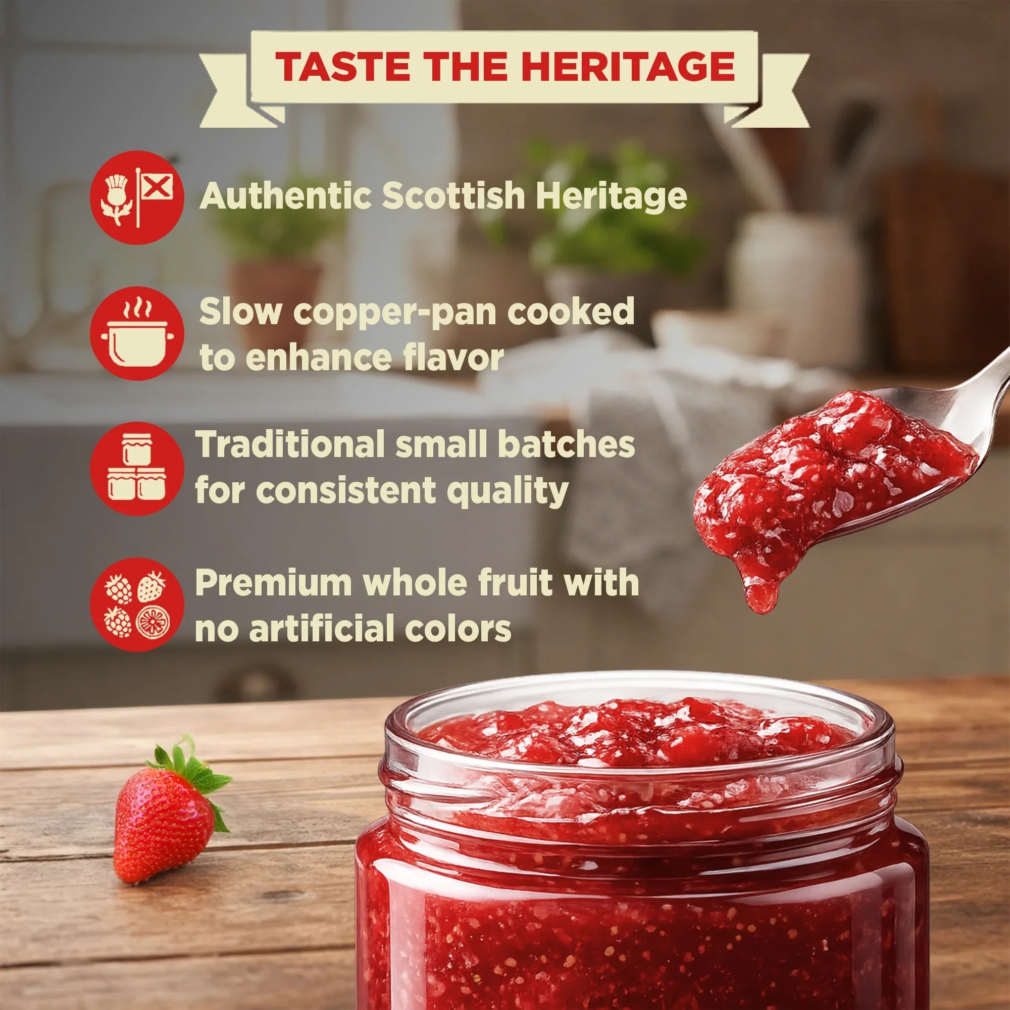 Scottish strawberry preserve in a jar with a spoonful, fresh strawberry, feature highlights