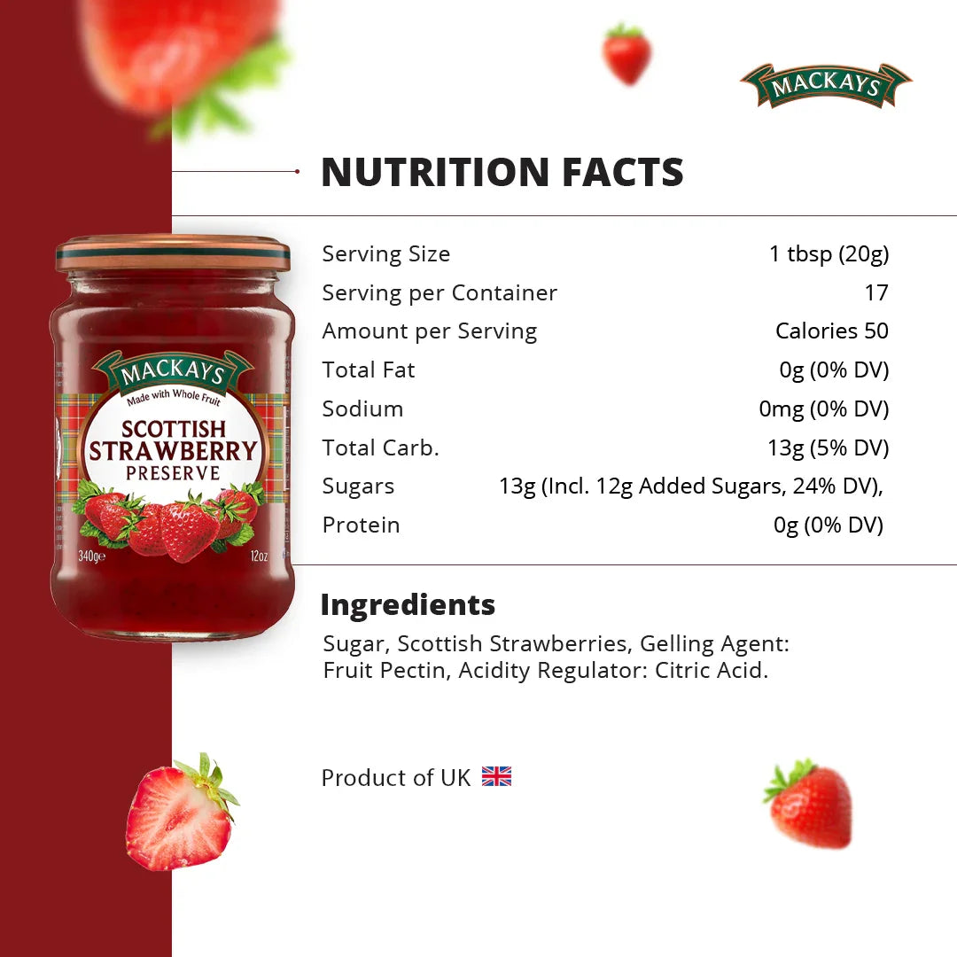 Jar of Mackays Scottish Strawberry Preserve with nutrition facts and ingredients on white background