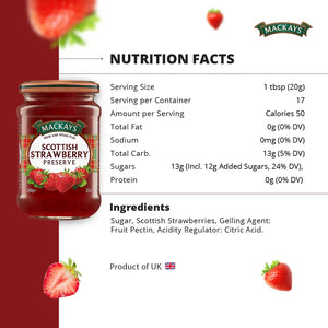 Jar of Mackays Scottish Strawberry Preserve with nutrition facts and ingredients on white background