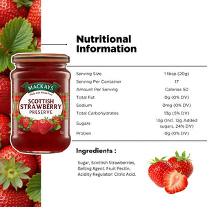 Jar of Scottish strawberry preserve with nutrition facts and fresh strawberries.