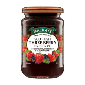 Mackays Scottish Three Berry Preserve jar with strawberry, raspberry, and blackcurrant on label