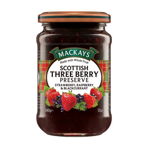 Jar of Mackays Scottish Three Berry Preserve with strawberries, raspberries, blackcurrants