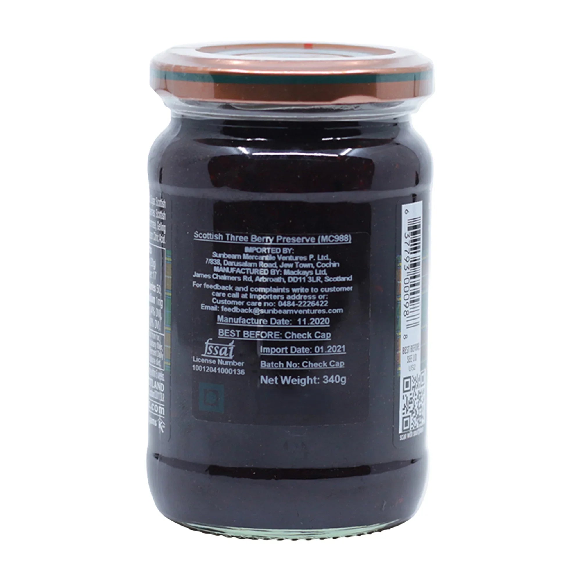 Jar of Mackays Scottish Three Berry Preserve with label showing import and manufacture details