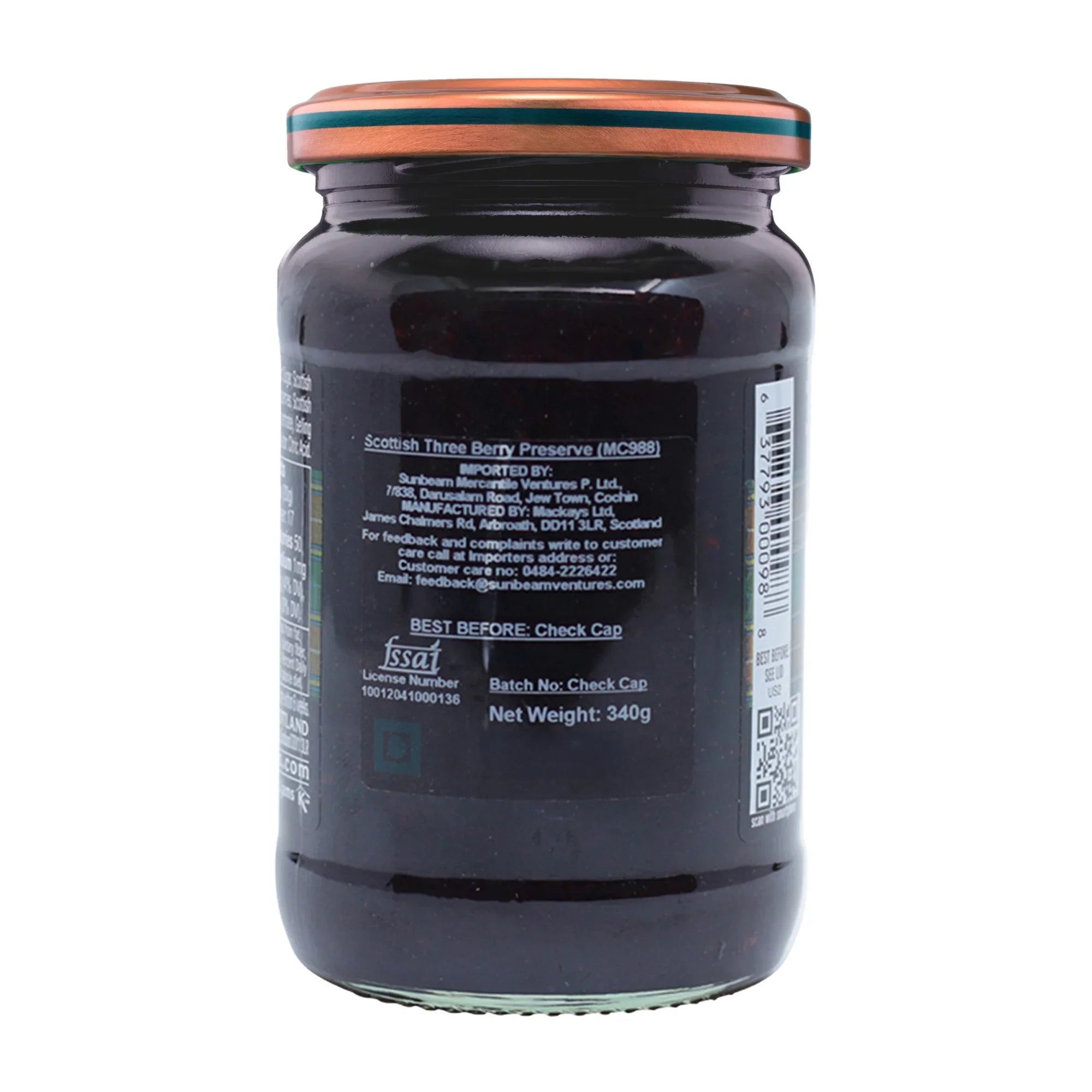 Back view of Scottish Three Berry Preserve jar, 340g, with label and barcode visible