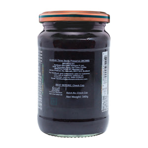 Back view of Scottish Three Berry Preserve jar, 340g, with label and barcode visible