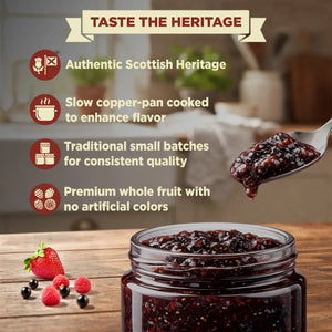 Scottish three berry preserve in a glass jar with berries and informative text about heritage, quality, and natural ingredients.