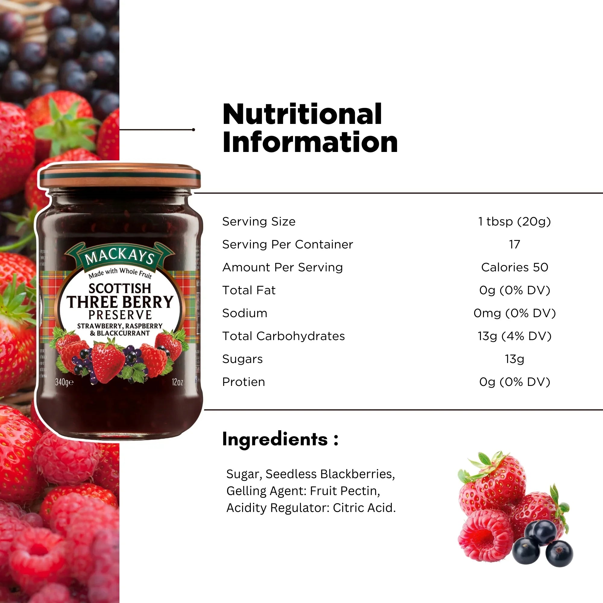 Jar of Scottish three berry preserve with nutrition facts, fresh berries in background.