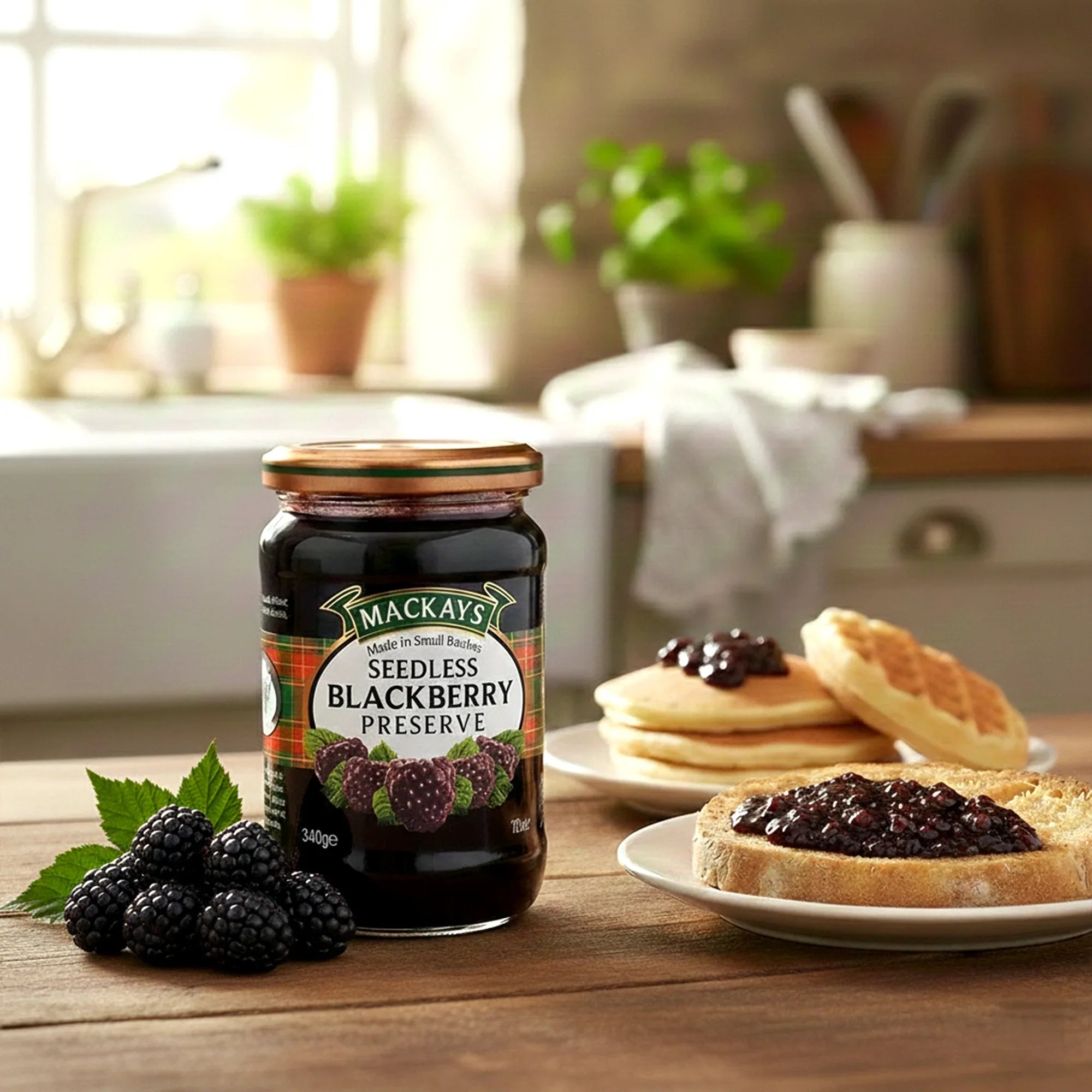 Seedless blackberry preserve jar with blackberries, bread, and pancakes on a kitchen table