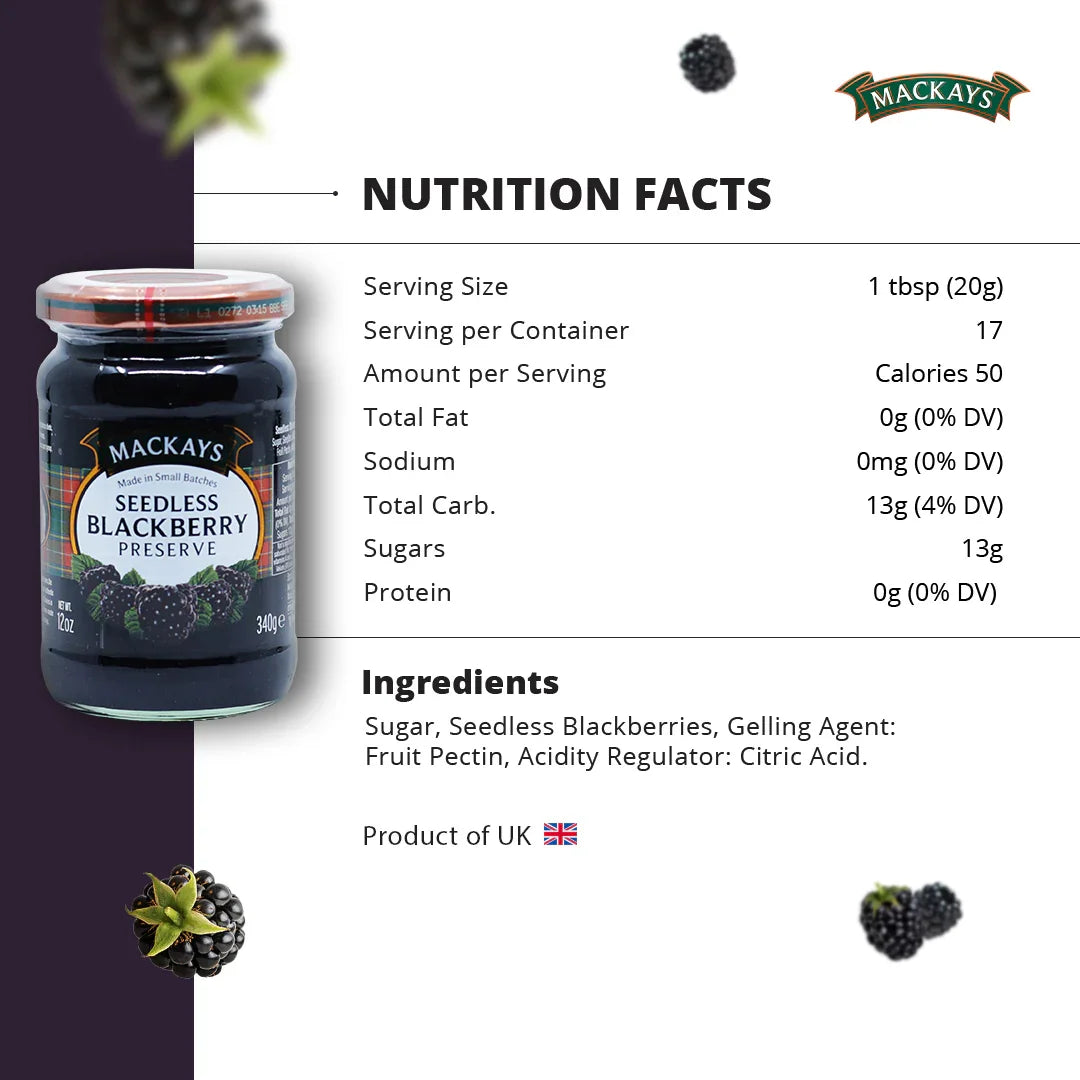 Mackays Seedless Blackberry Preserve jar with nutrition facts and ingredients, UK product label