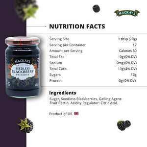 Mackays Seedless Blackberry Preserve jar with nutrition facts and ingredients, UK product label