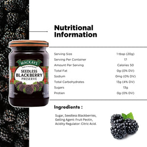 Mackays Seedless Blackberry Preserve jar with nutrition facts, blackberries, and ingredients list.