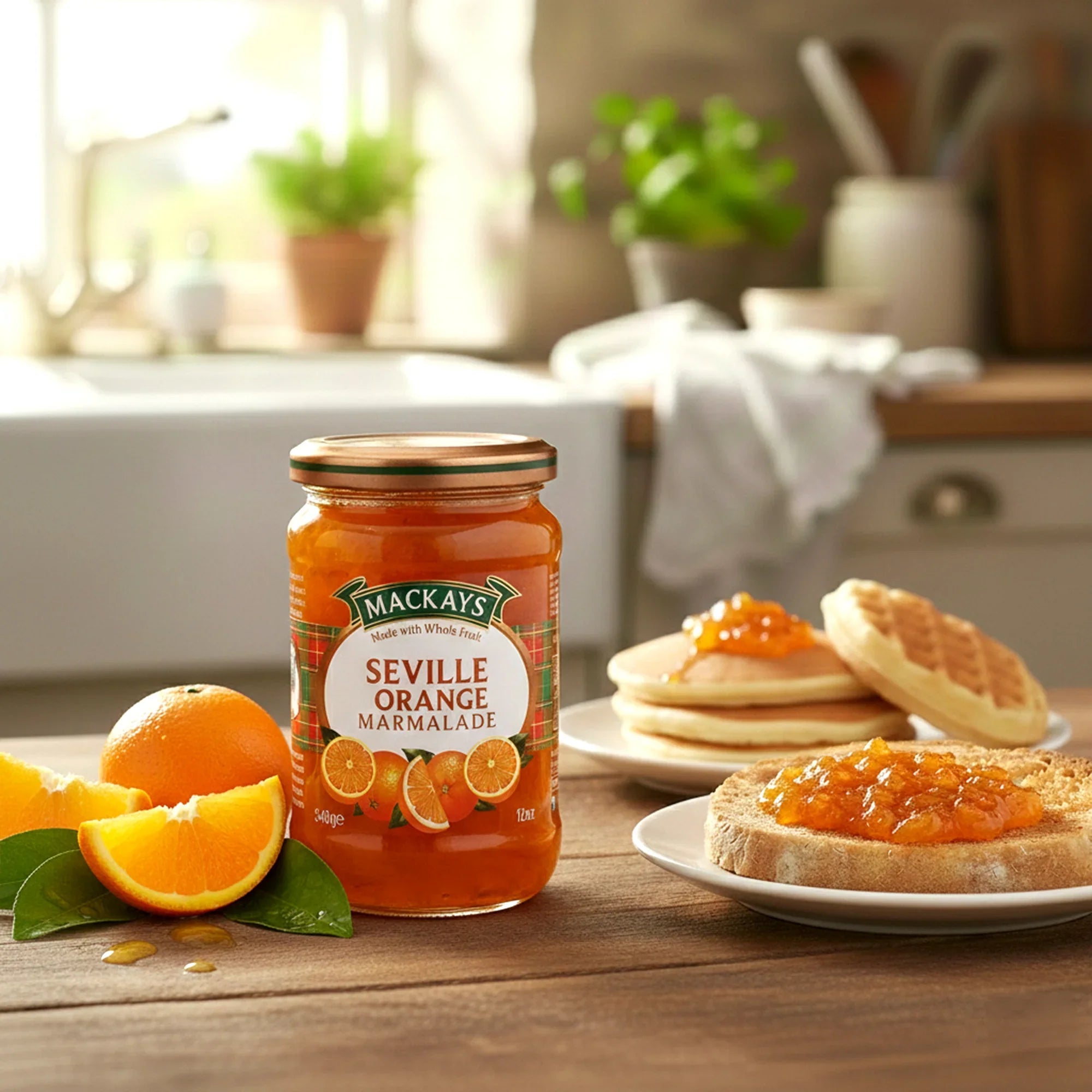 Jar of Seville orange marmalade with fresh orange slices, toast, and pancakes in a kitchen setting