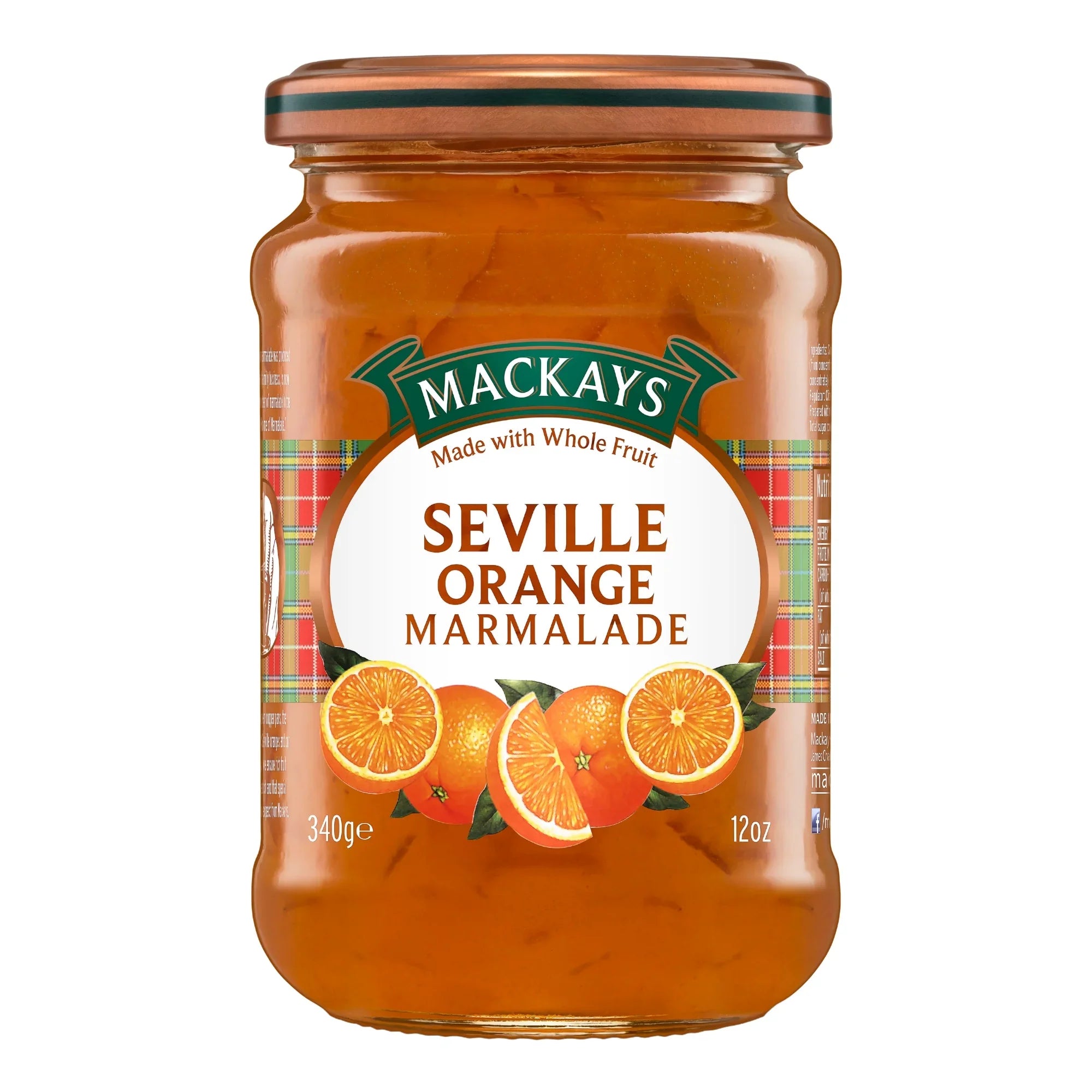 Jar of Mackays Seville orange marmalade with orange fruit slices on the label