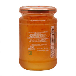 Seville orange marmalade jar with ingredient label and barcode, 340g glass packaging