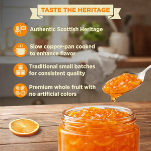 Seville orange marmalade in a glass jar with spoon, sliced orange, and product feature text