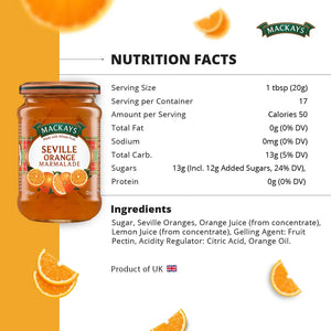 Jar of Mackays Seville Orange Marmalade with nutrition facts and ingredient list on white background