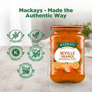 Jar of Mackays Seville Orange Marmalade on table, gluten-free, vegan, kosher, no artificial additives