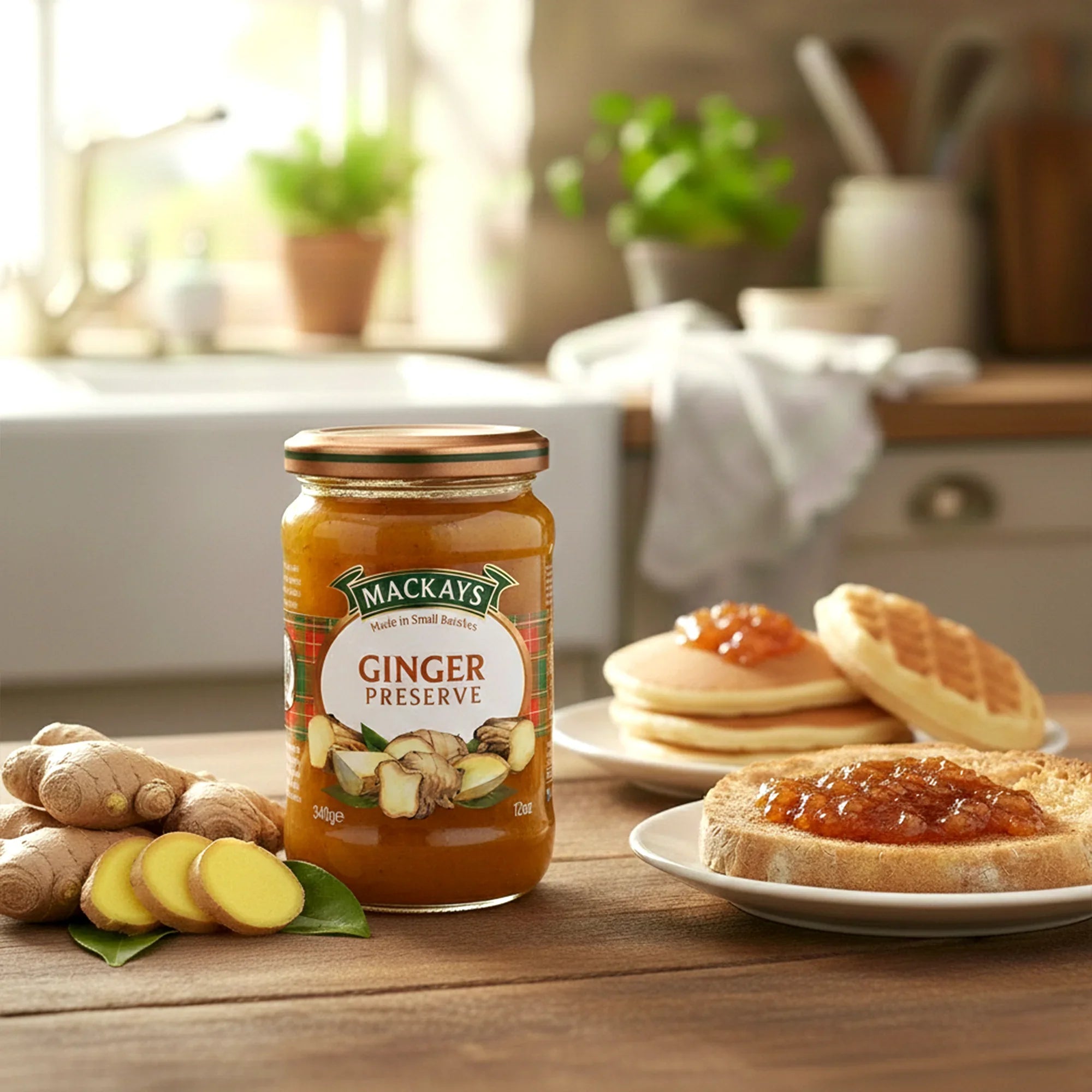 Jar of ginger preserve on a kitchen table with sliced ginger, pancakes, and toast