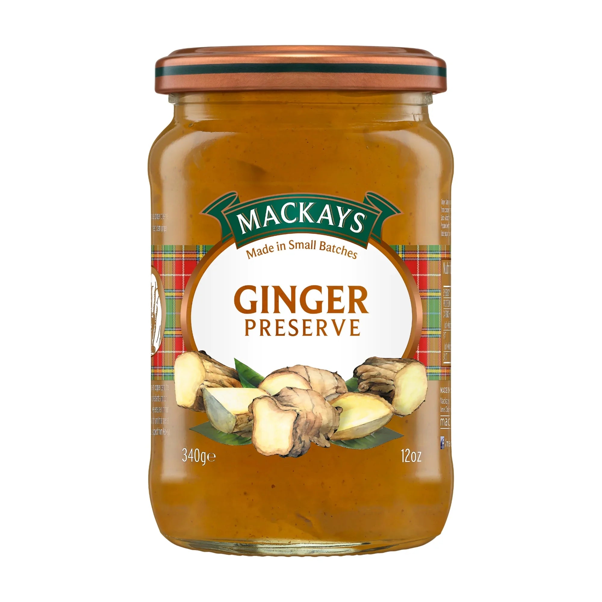 Mackays ginger preserve jar with ginger root illustration, 340g glass packaging