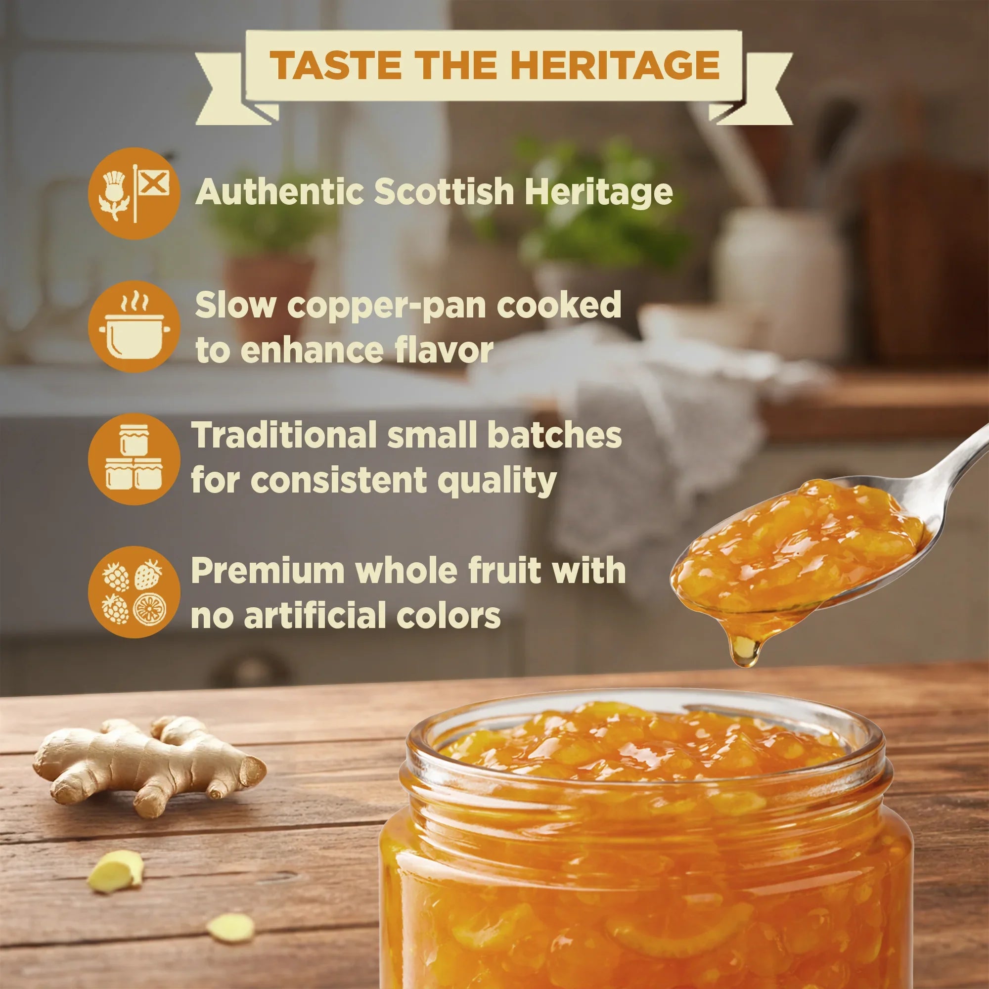 Open jar of spiced ginger marmalade with spoon, fresh ginger, and product benefits text.