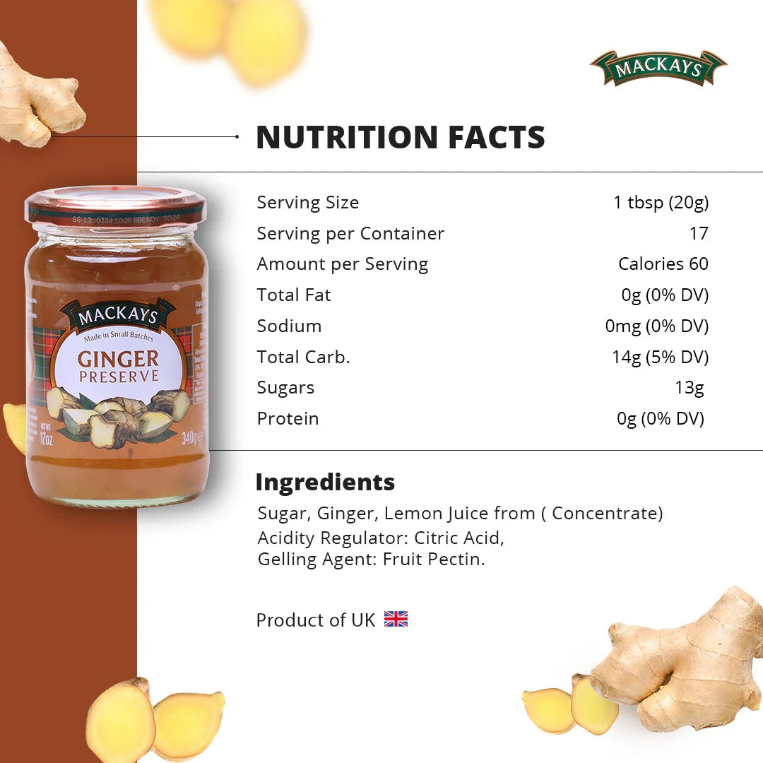 Mackays Ginger Preserve jar with nutrition facts and ginger root slices on white and brown background