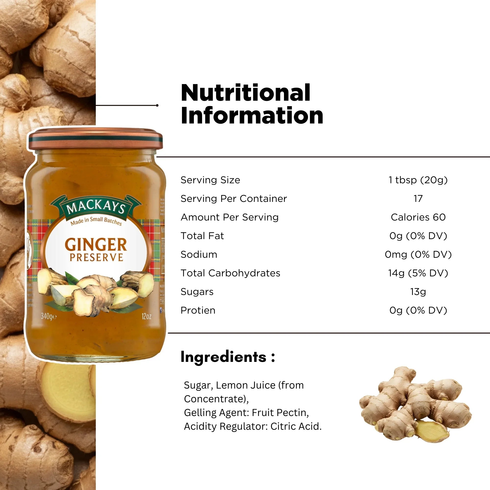 Mackays Ginger Preserve jar with ginger slices, nutrition facts, and ingredients list.