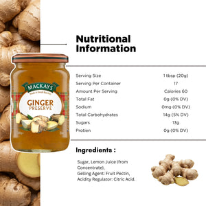 Mackays Ginger Preserve jar with ginger slices, nutrition facts, and ingredients list.