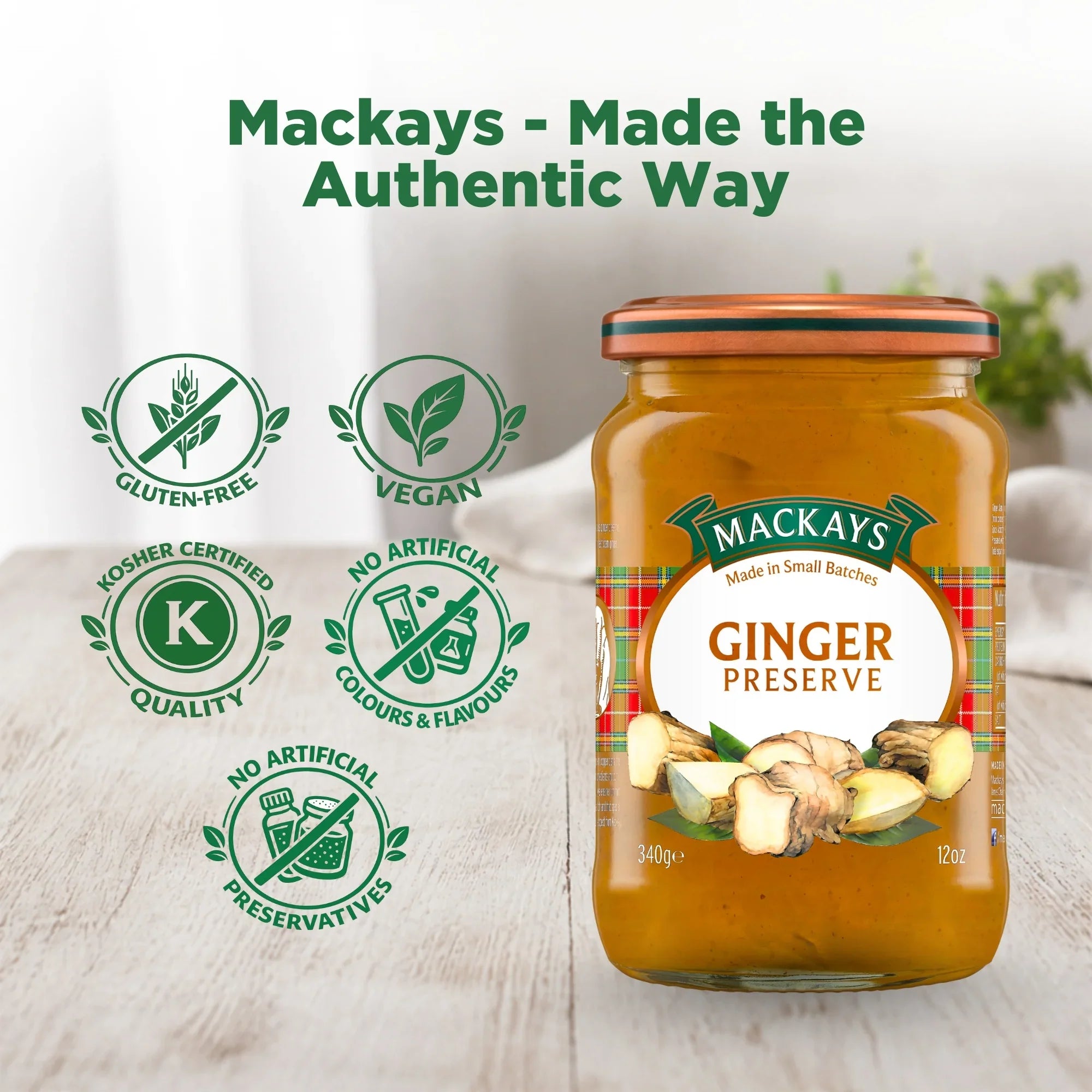 Mackays Ginger Preserve jar with gluten-free, vegan, kosher, no artificial colours or preservatives icons