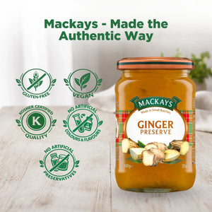Mackays Ginger Preserve jar with gluten-free, vegan, kosher, no artificial colours or preservatives icons