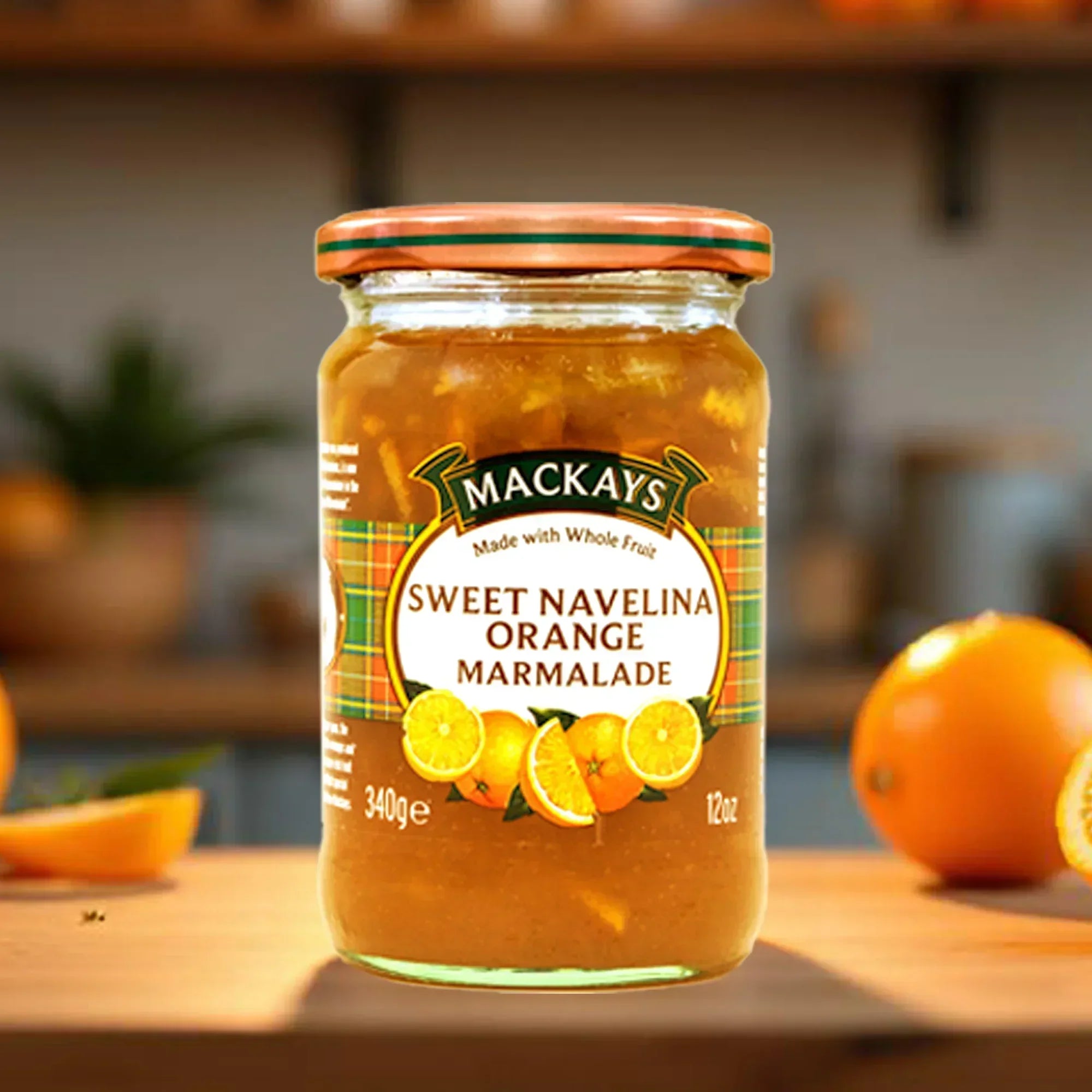 Jar of Mackays Sweet Navelina Orange Marmalade on wooden surface with fresh oranges