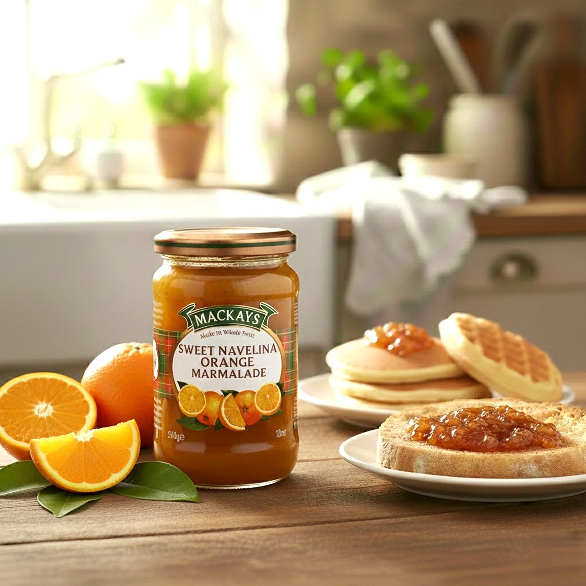 Jar of Sweet Navelina orange marmalade with sliced oranges, bread, pancakes in a kitchen setting