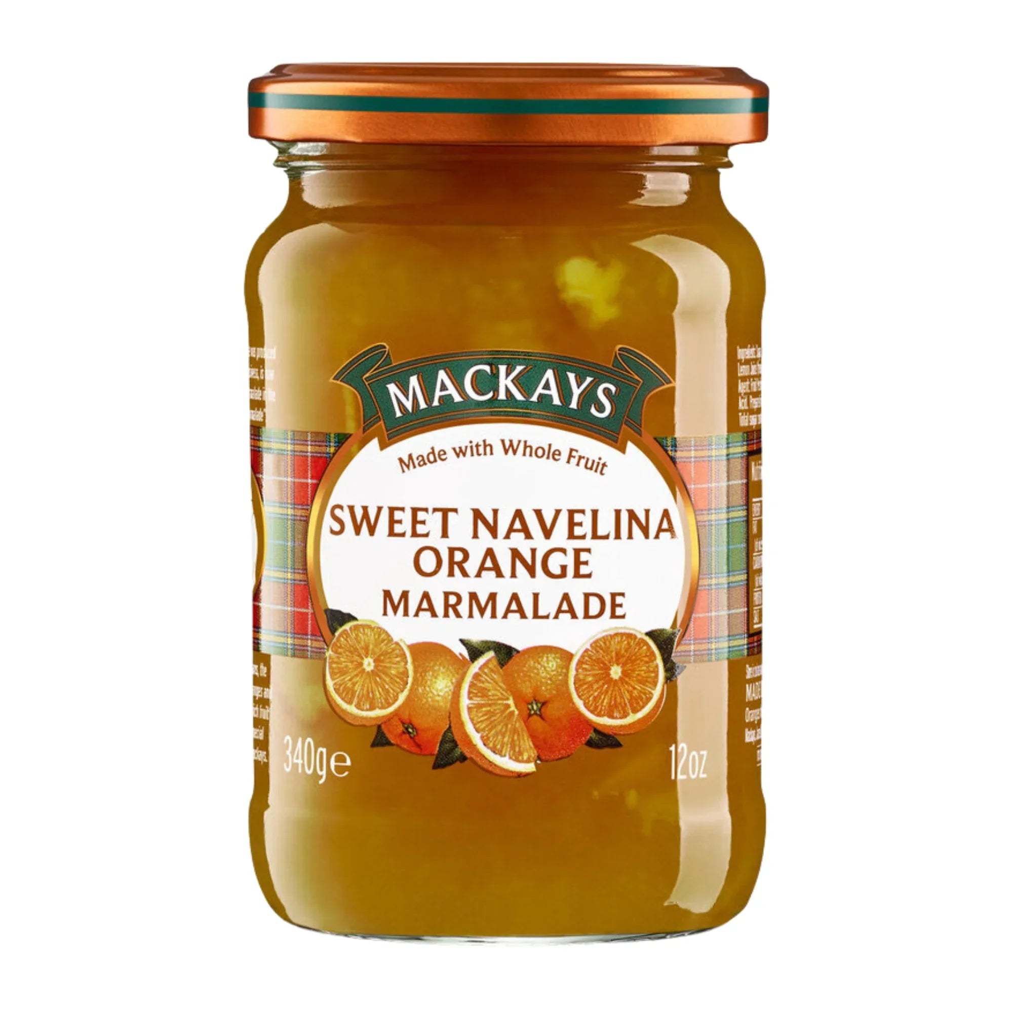 Jar of Mackays Sweet Navelina Orange Marmalade with whole orange slices on the label