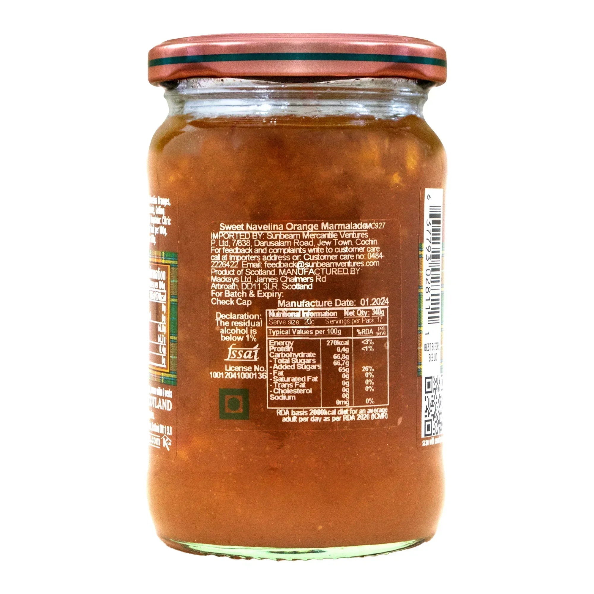 Jar of Mackays Sweet Navelina Orange Marmalade with nutrition label and copper lid