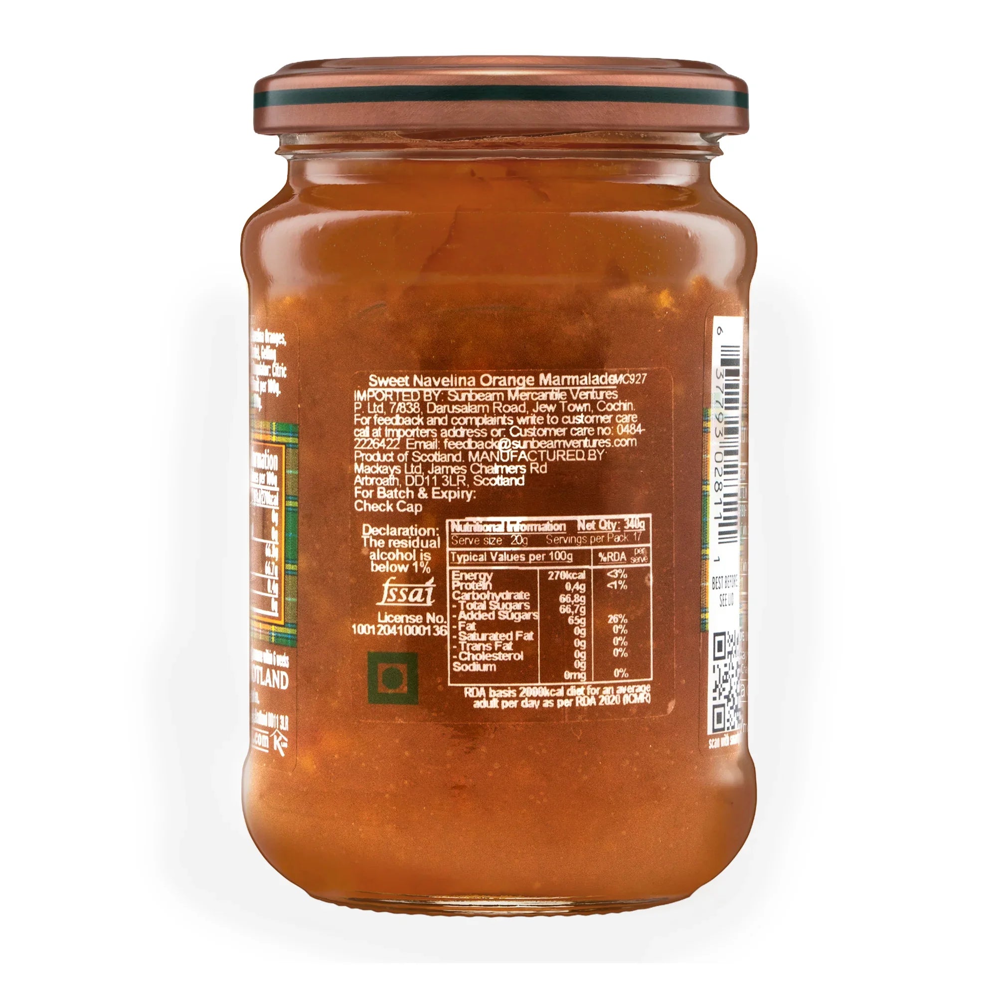 Glass jar of sweet Navelina orange marmalade with visible back label and nutrition facts