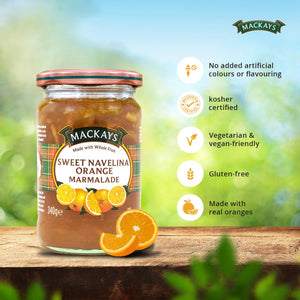 Mackays Sweet Navelina Orange Marmalade jar on wooden surface with fresh orange slices and product benefits