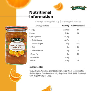 Mackays Sweet Navelina Orange Marmalade jar with nutritional info and ingredients on white background