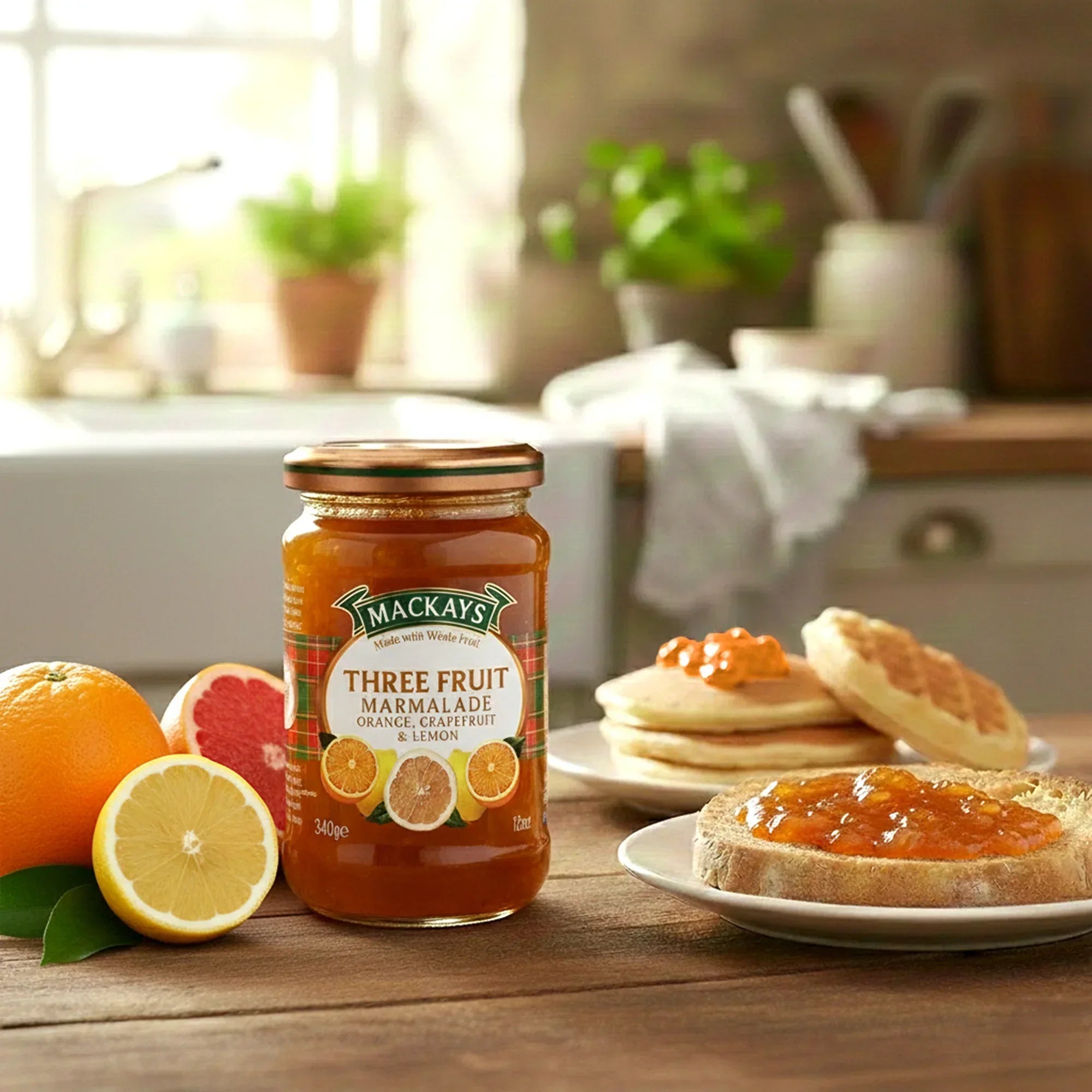 Jar of three fruit marmalade with orange, grapefruit, lemon, and breakfast pastries