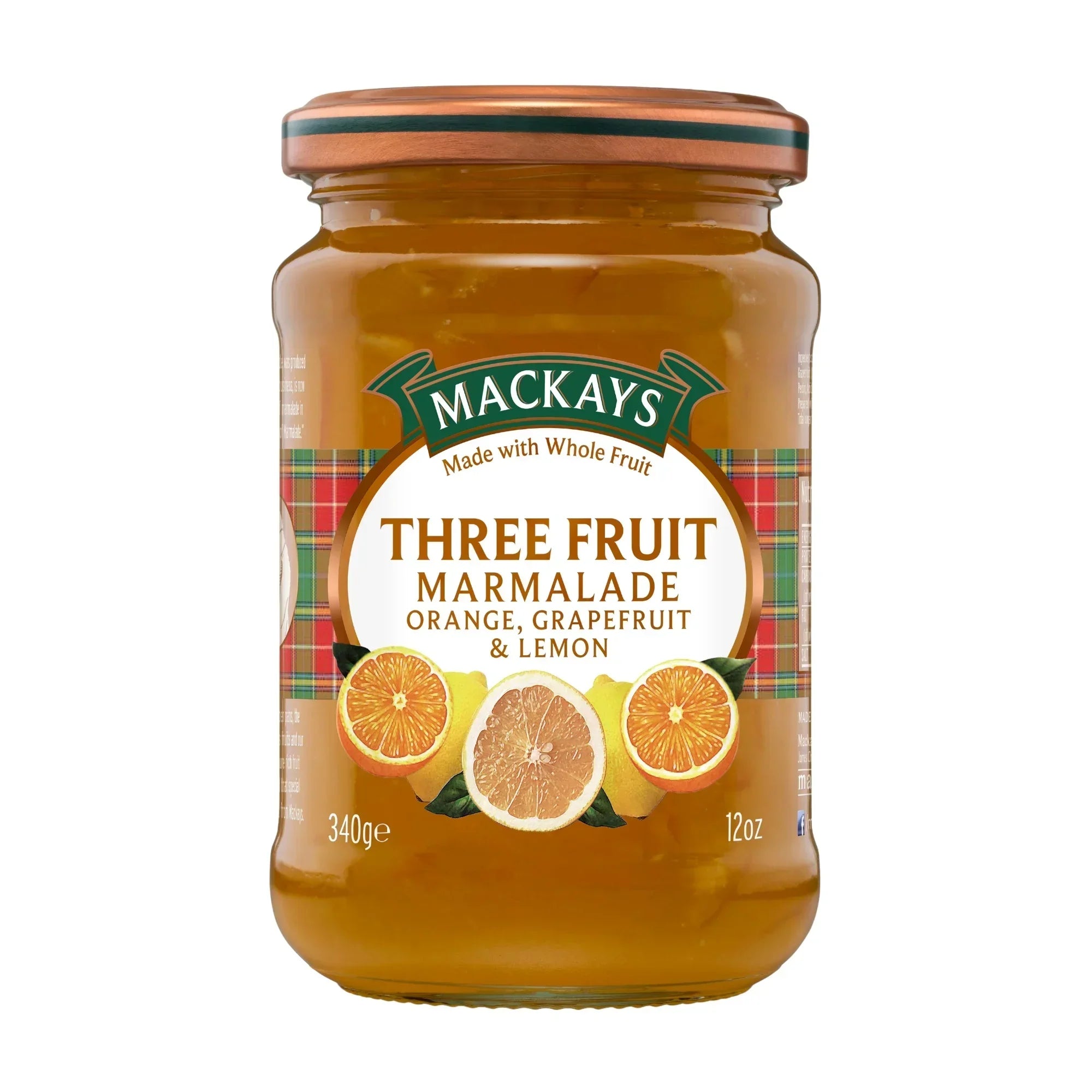 Jar of Mackays three fruit marmalade with orange, grapefruit, and lemon slices on label