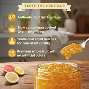 Jar of three fruit marmalade with citrus slices and spoon, highlighting natural premium ingredients.