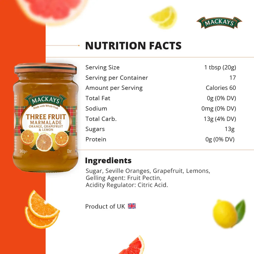 Mackays Three Fruit Marmalade jar with nutrition facts and ingredients including orange, grapefruit, and lemon