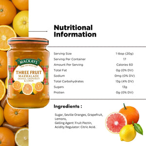 Mackays Three Fruit Marmalade jar with oranges, grapefruit, lemons, and nutrition info on label.