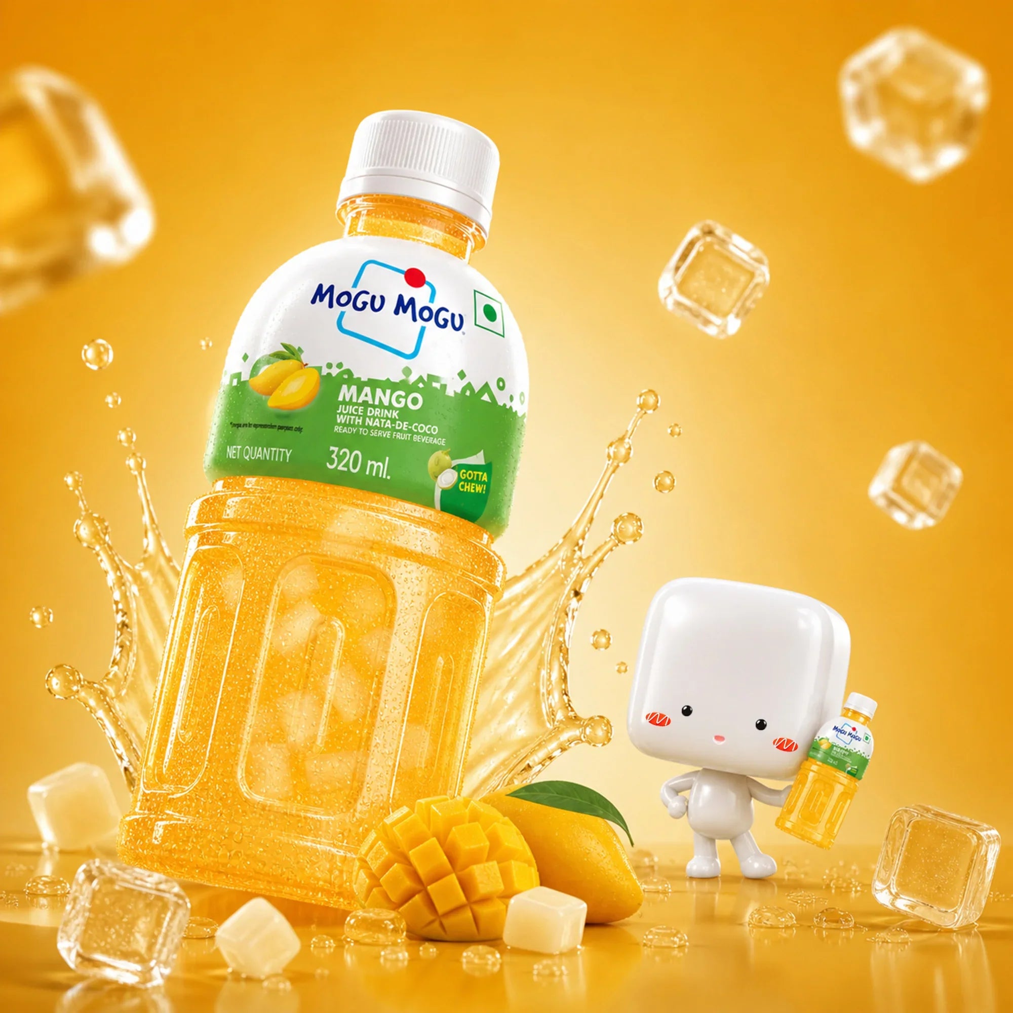 Mogu Mogu Mango juice drink with nata de coco, 320ml bottle, ice cubes, and cute character on golden background