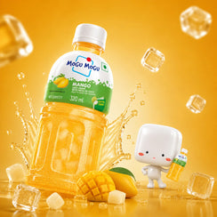 Mogu Mogu Mango juice drink with nata de coco, 320ml bottle, ice cubes, and cute character on golden background