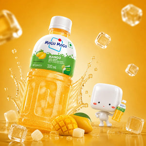 Mogu Mogu Mango juice drink with nata de coco, 320ml bottle, ice cubes, and cute character on golden background