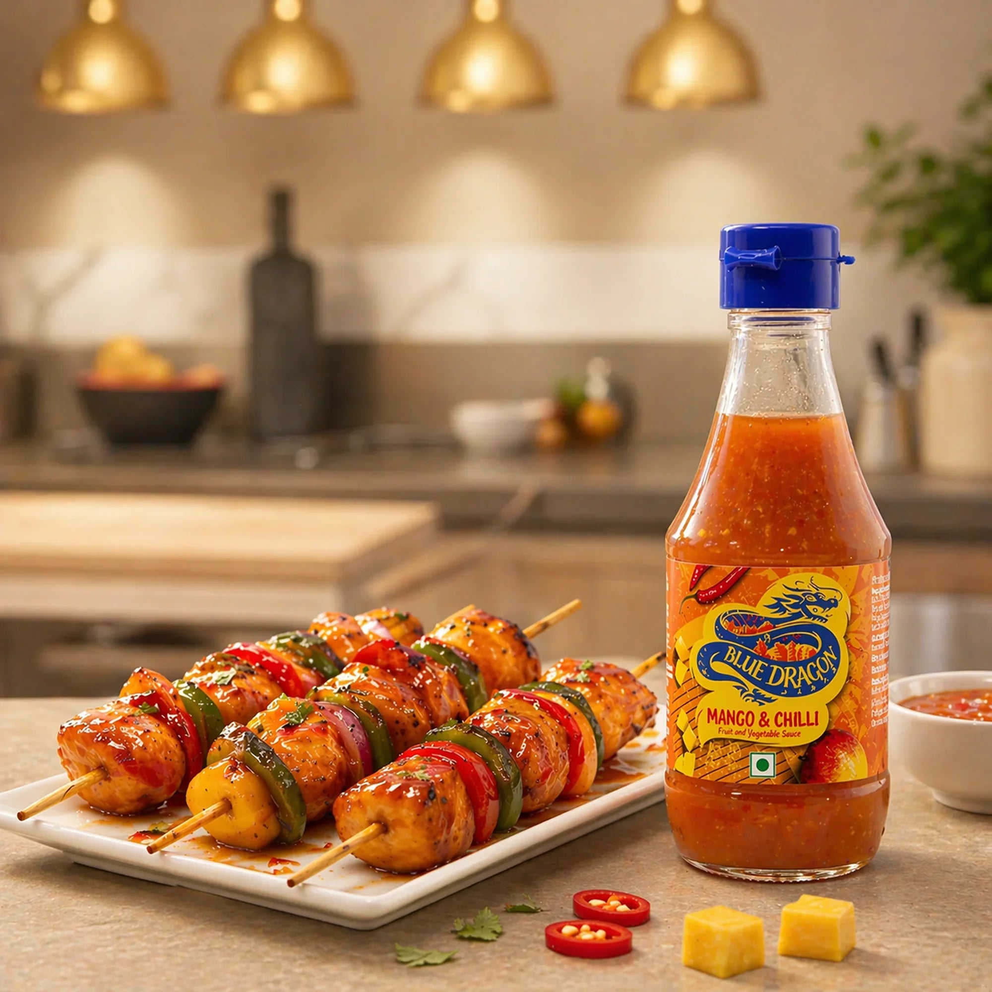 Mango and chilli sauce bottle beside chicken vegetable skewers in a modern kitchen setting