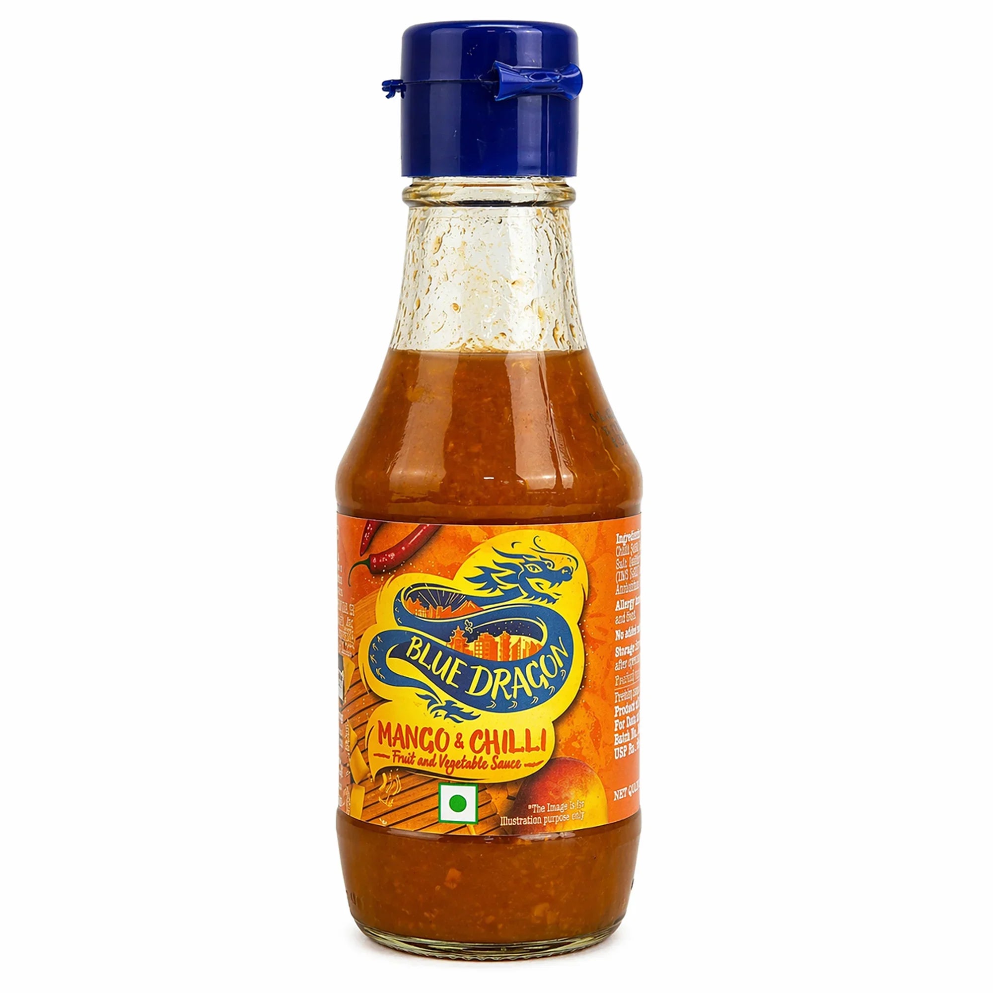 Glass bottle of mango and chilli fruit and vegetable sauce with blue cap and colorful label