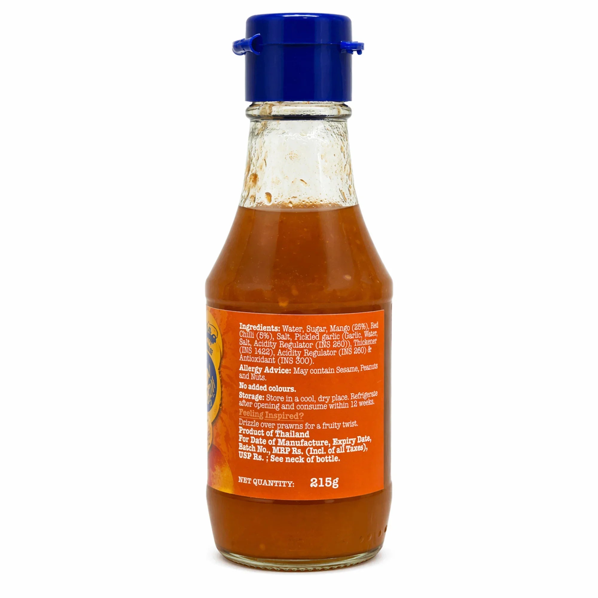 Bottle of mango chili sauce with blue cap and ingredient label, 215g, on white background